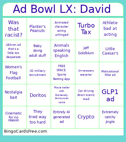 Ad Bowl LX: David Bingo Card