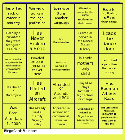Adams Family Bingo Card