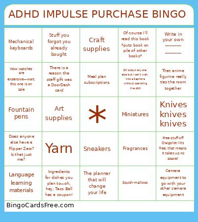 ADHD Impulse Purchase Bingo Card