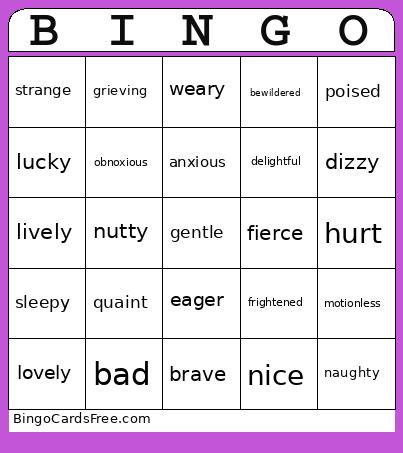 Adjective Bingo Card