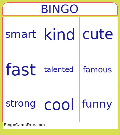 Adjectives Bingo Card