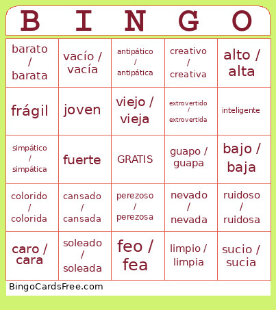 ADJETIVOS Bingo Card