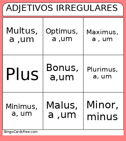 Adjetivos Irregulares Bingo Card
