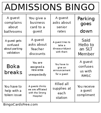 ADMISSIONS Bingo Card