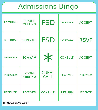 Admissions Bingo Card