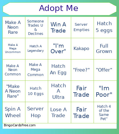 Adopt Me Bingo Card