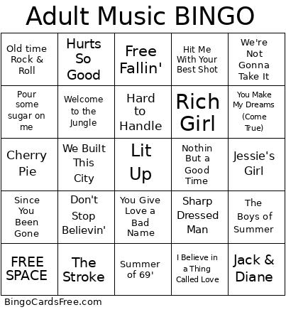 Adult Music Bingo Card 3