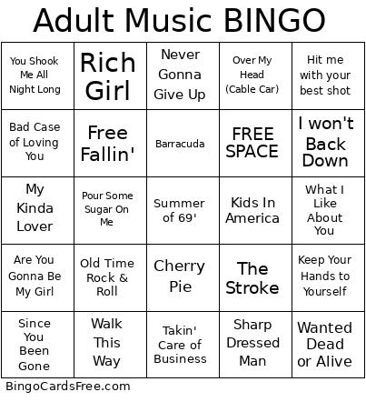 Adult Music Bingo Card 2