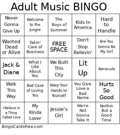 Adult Music Bingo Card