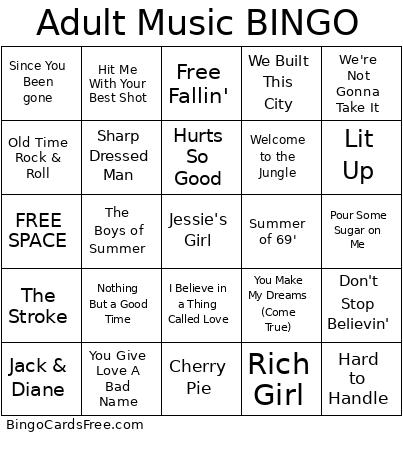 Adult Music Bingo Card