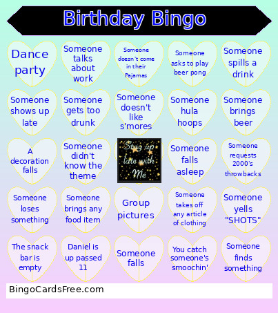 Adult Pajama Party Bingo Card