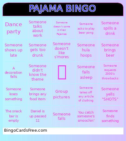 Adult PJ Bingo Card