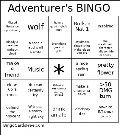 Adventurer's Bingo Card