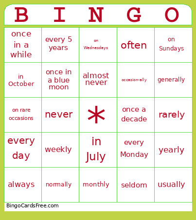 Adverbs Of Frequency Bingo Card
