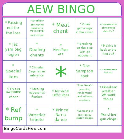 AEW Wrestling Bingo Card