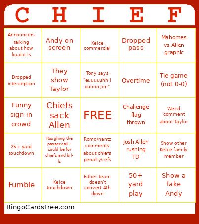 AFC CHAMPIONSHIP Bingo Cards Free Pdf Printable Game, Title: CHIEF