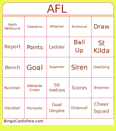 AFL Bingo Card