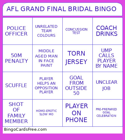 AFL GRAND FINAL BRIDAL Bingo Card