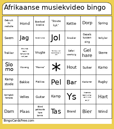 Afrikaanse Musiekvideo Bingo Card