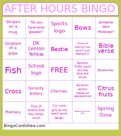AFTER HOURS Bingo Card