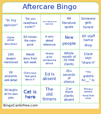 Aftercare Bingo Card