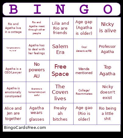 Agatha All Along Fanfic Bingo Card