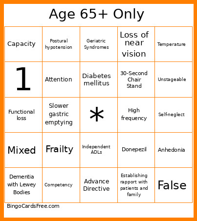 Age 65+ Only Bingo Card