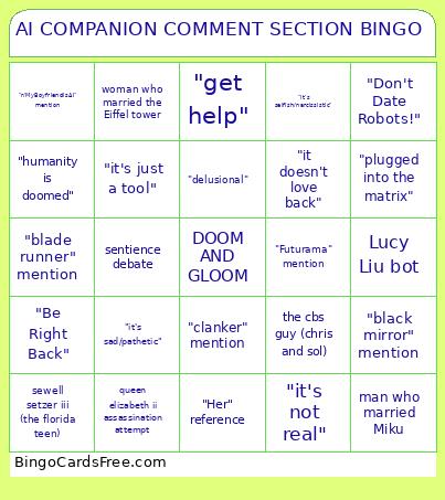 AI Companion Comment Section Bingo