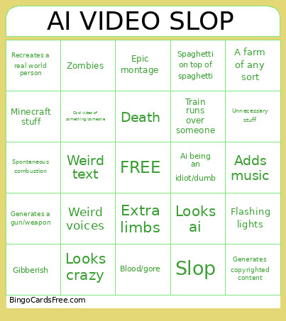 Ai Video Slop Bingo Card