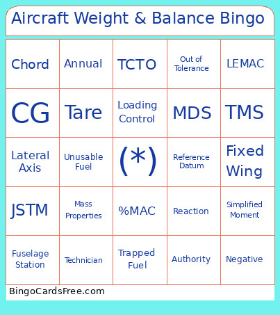 Aircraft Weight & Balance Bingo Card