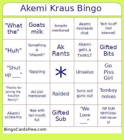 Akemi Kraus Vtuber Bingo Cards Free Pdf Printable Game, Title: Akemi Kraus Bingo