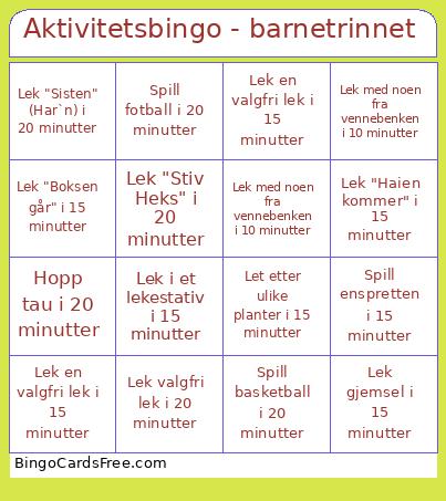 Aktivitetsbingo - barnetrinnet Cards Free Pdf Printable Game, Title: Aktivitetsbingo - barnetrinnet