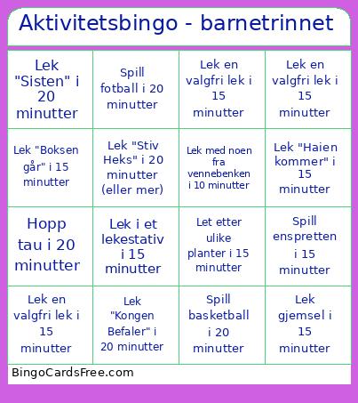 Aktivitets - Barnetrinnet Bingo Card