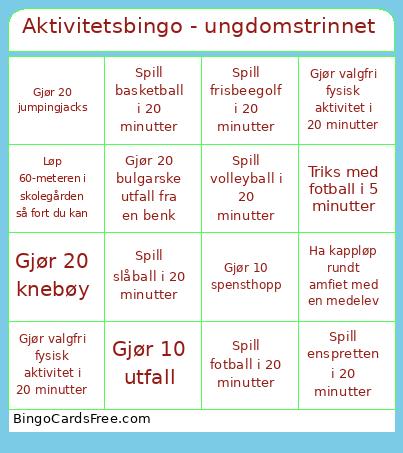 Aktivitetsbingo - ungdomstrinnet Cards Free Pdf Printable Game, Title: Aktivitetsbingo - ungdomstrinnet