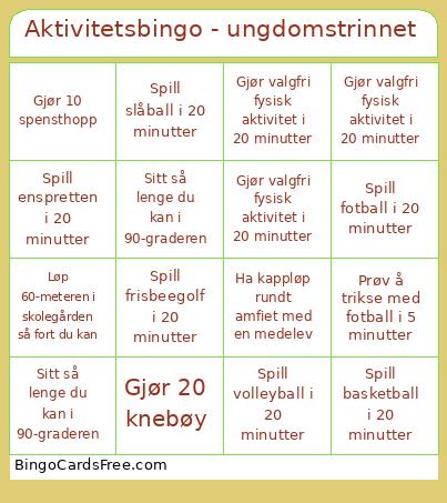 Aktivitets - Ungdomstrinnet Bingo Card 3