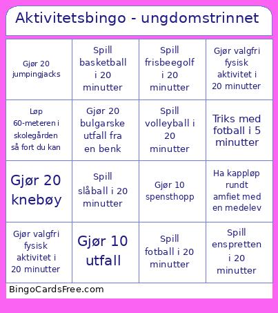 Aktivitets - Ungdomstrinnet Bingo Card 2
