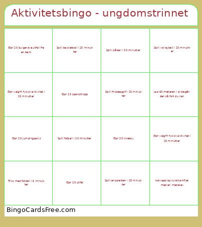 Aktivitetsbingo - ungdomstrinnet Cards Free Pdf Printable Game, Title: Aktivitetsbingo - ungdomstrinnet