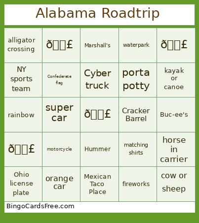 Alabama Roadtrip Bingo