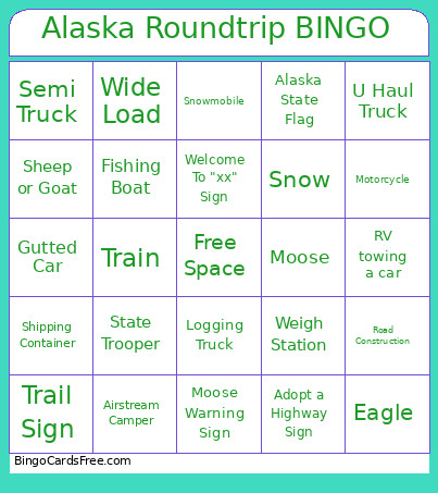 Alaska Roundtrip Bingo Card