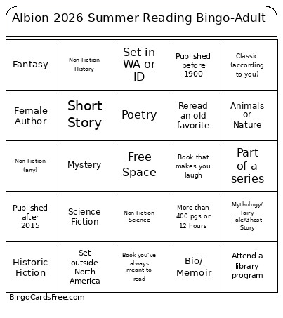 Albion 2026 Summer Reading -Adult Bingo Card