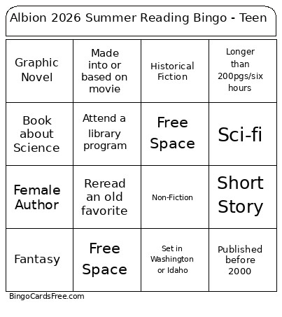 Albion 2026 Summer Reading - Teen Bingo Card