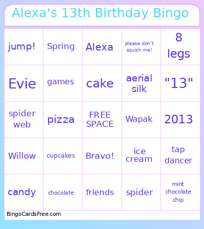 Alexa's 13th Birthday Bingo Card