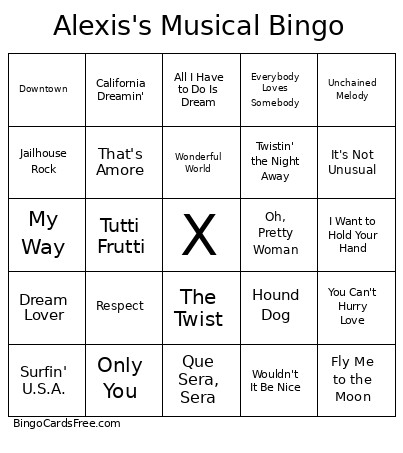 Alexis's Musical Bingo Card
