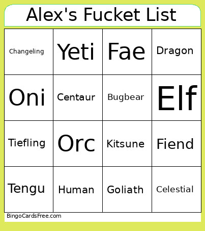 Alex's Fucket List Bingo Card