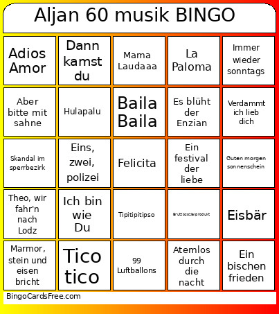 Aljan 60 Musik Bingo Card