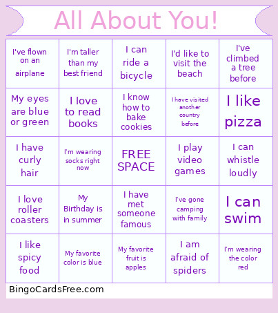 All About You! Bingo Card