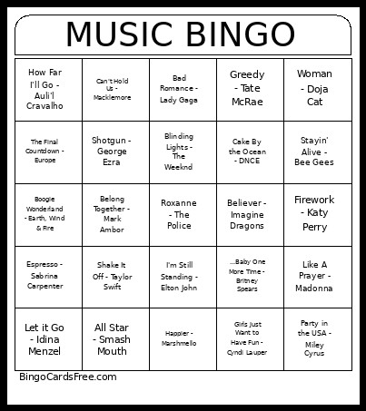 All Ages Music Bingo Card