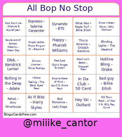 All Bop No Stop Bingo Card