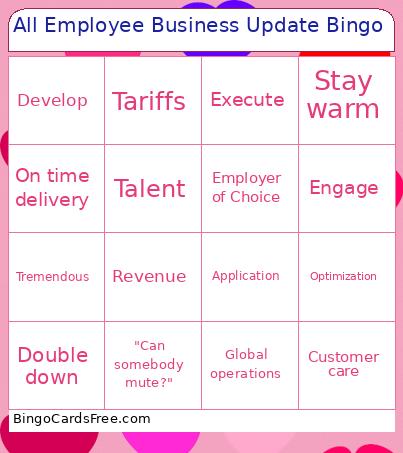 All Employee Business Update Bingo Card
