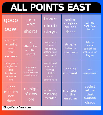 ALL POINTS EAST Bingo Card